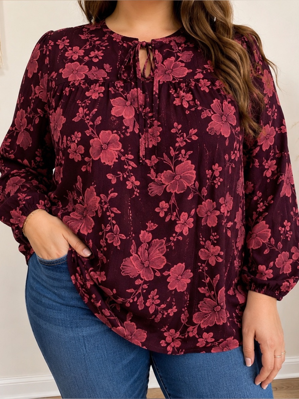 Ava & Viv Burgundy Floral Tie-Neck Blouse with Pink Blooms